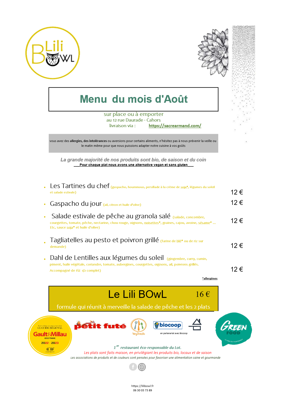 Le menu principal du restaurant.